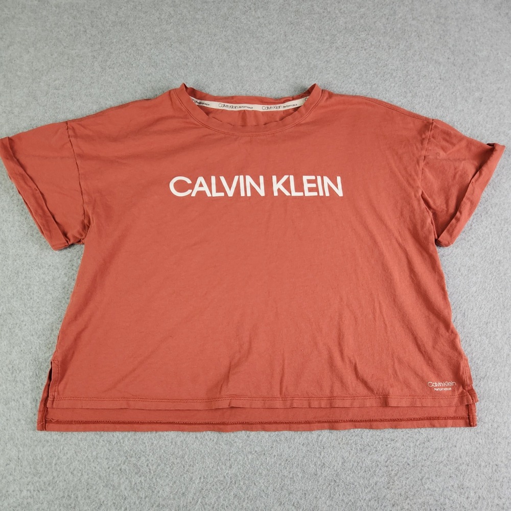 Calvin Klein Crop T-Shirt Womens Rust Cotton‎ Performance Spell Out Boxy Fit Tee